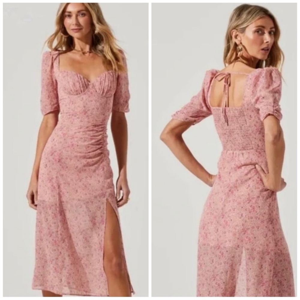Revolve ASTR NWT | Milkmaid Dress Midi Slit Pink Blush Fuchsia Ditsy Floral